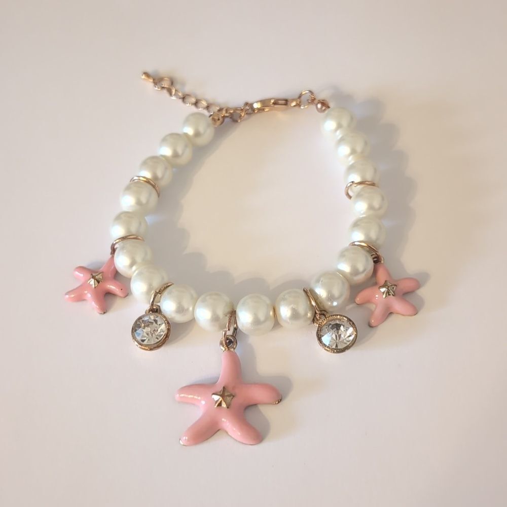 817 Pearl Beaded‎ Tennis Bracelet with Gold Dangle Crystals Pink Starfish Charms
